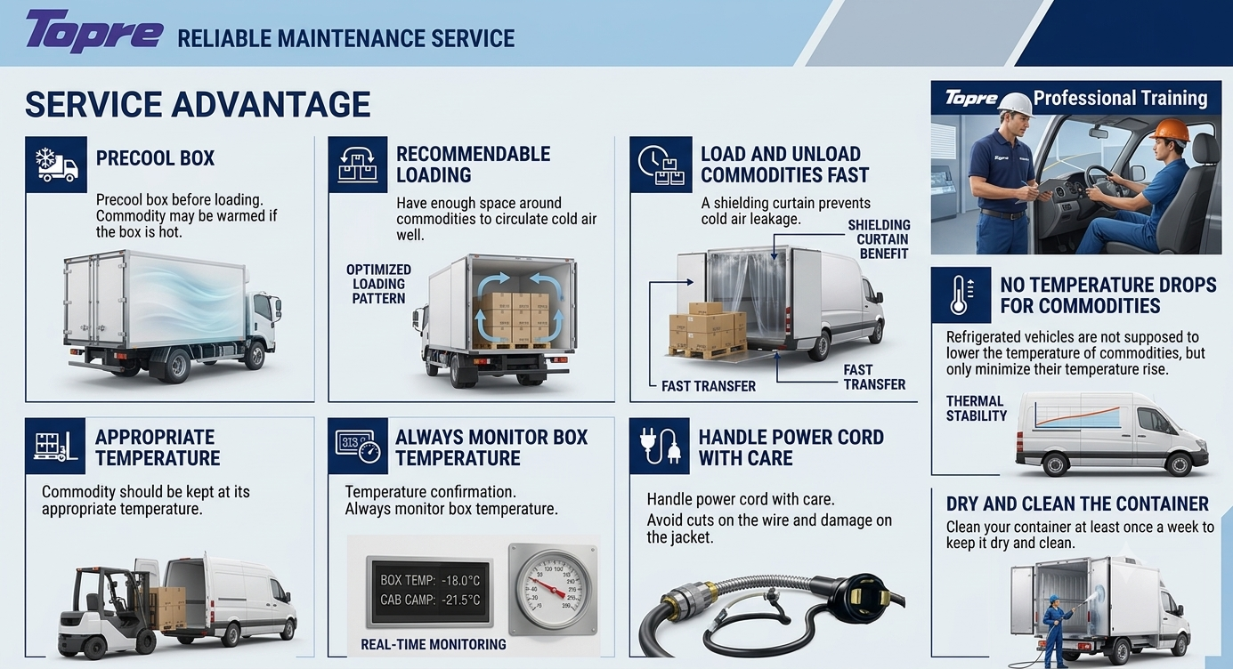 Topre service advantage — reliable maintenance guidance: precool box, recommended loading, fast load/unload, appropriate temperature, monitoring, power-cord care, professional training and container care