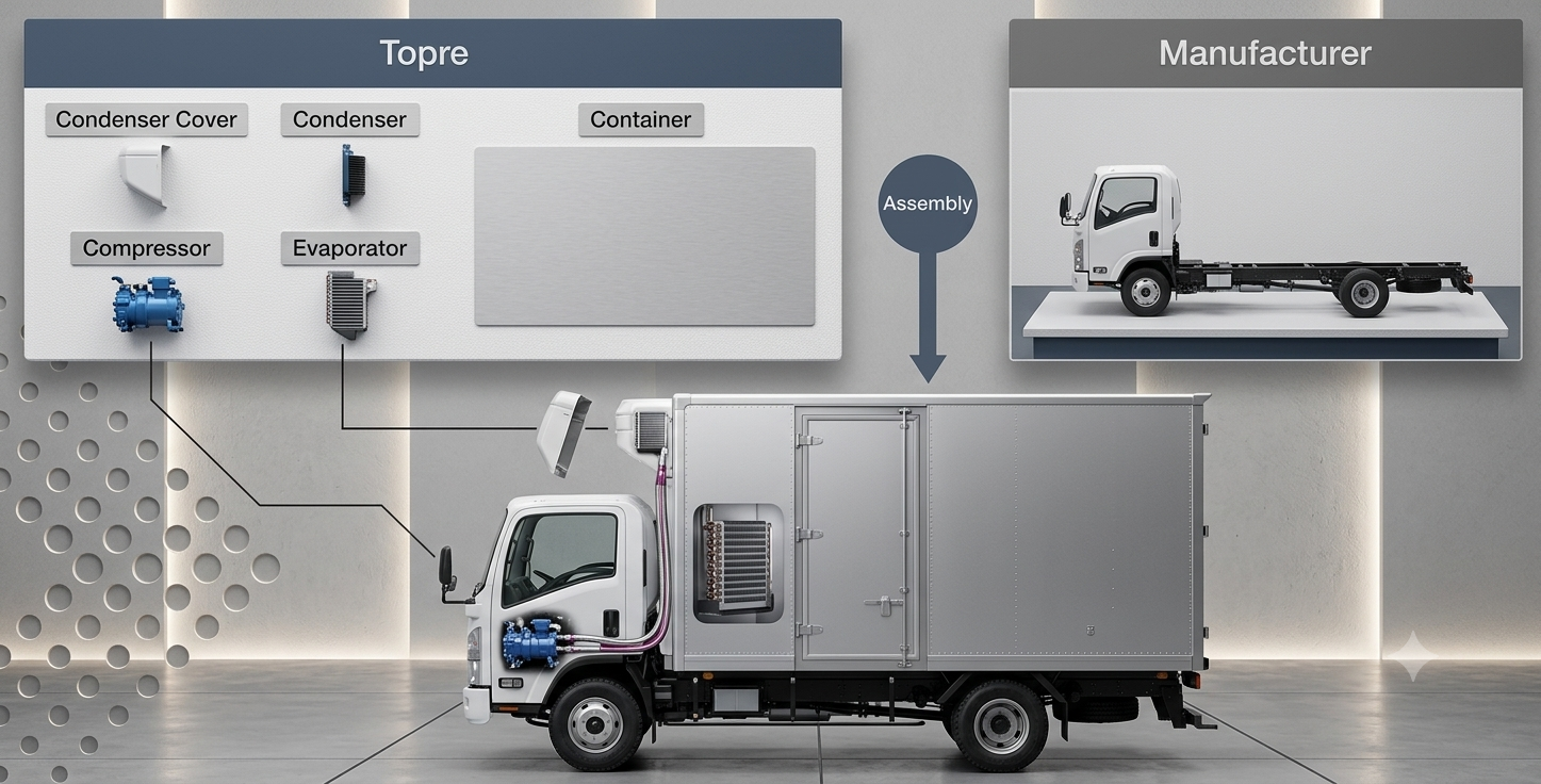 Topre integrated production system — condenser cover, condenser, compressor, evaporator and container built in-house, then assembled with the manufacturer's chassis into a finished refrigerated truck