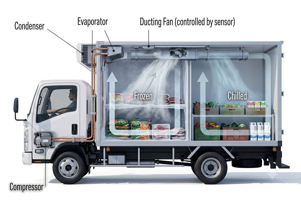 Cutaway of a Topre refrigerated truck showing condenser, evaporator, ducting fan, compressor and dual frozen/chilled compartments